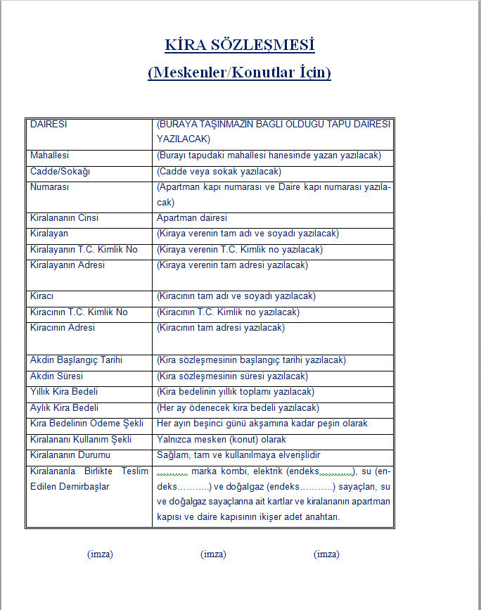 2017 Kira Kontratı örneği nasıl olmalı